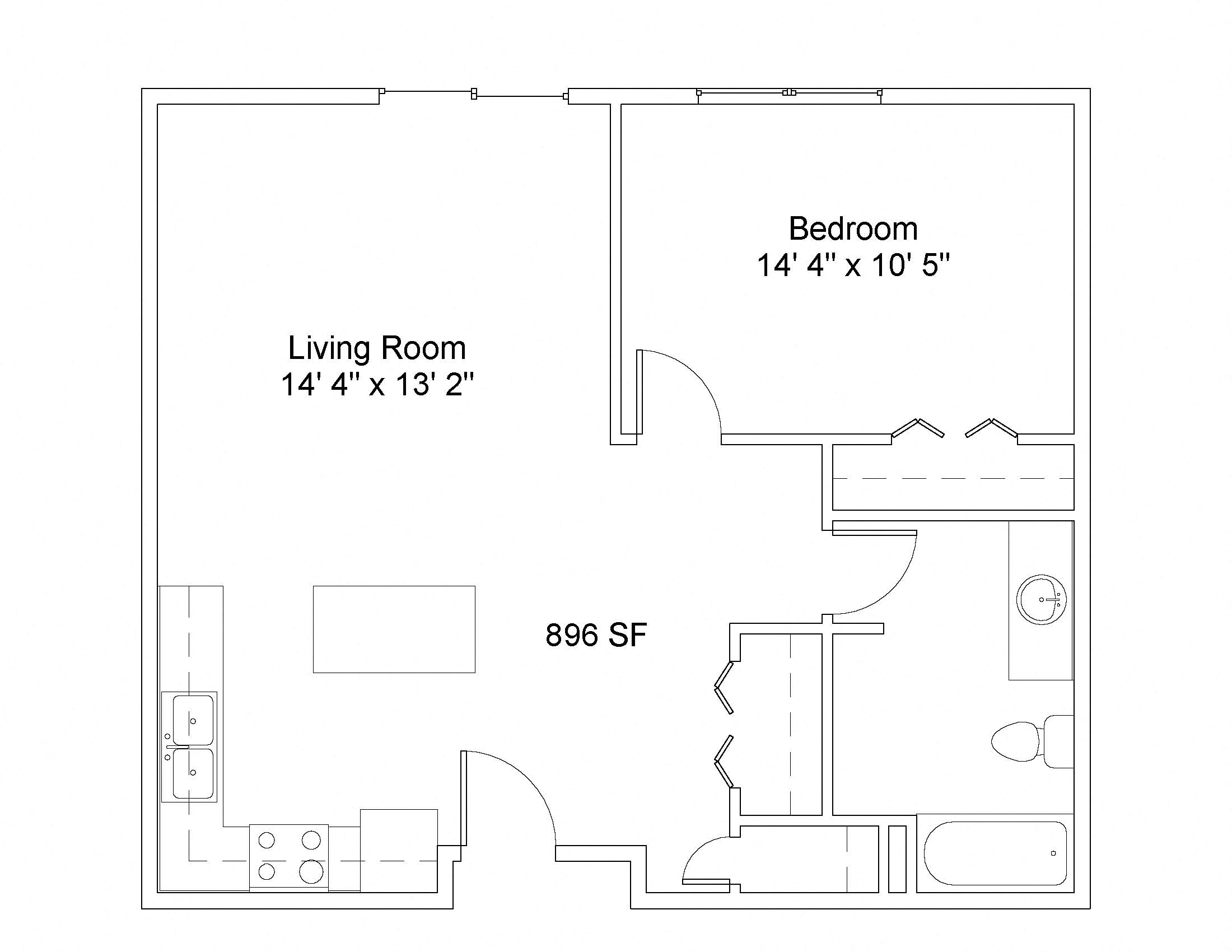 Floor plan for 1 bed, 1 bath, 896 sqft